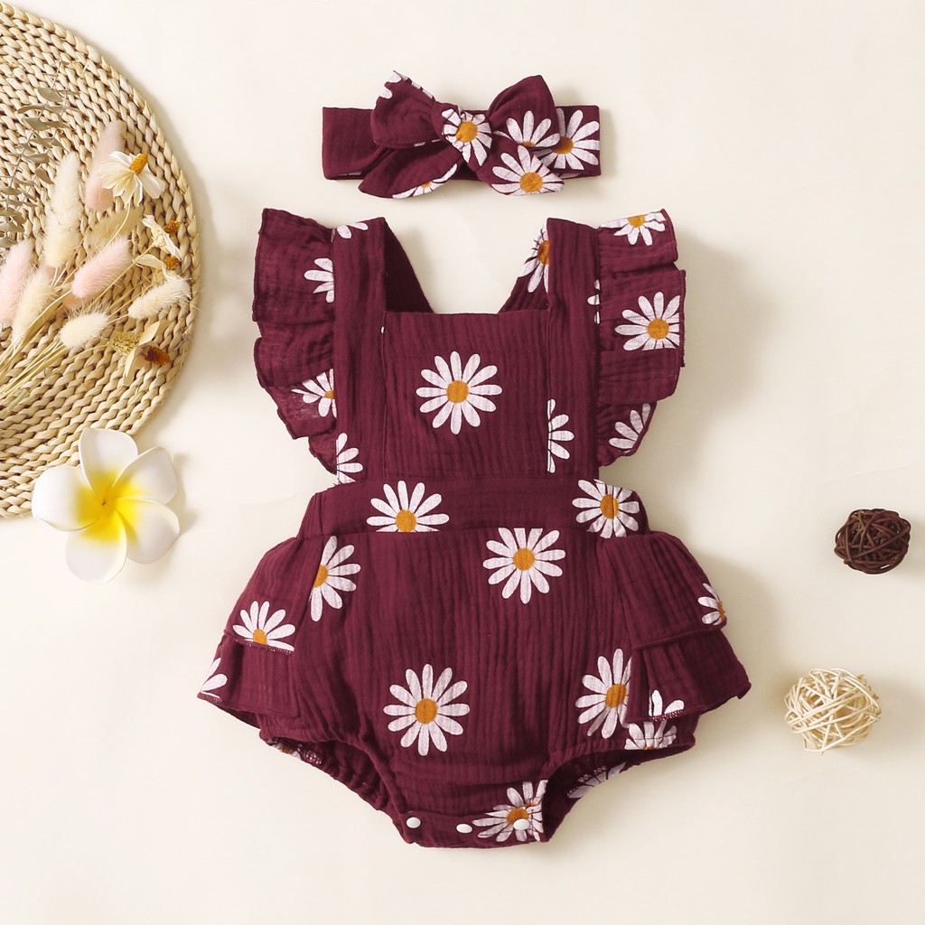 Newborn Baby Girl Romper Ruffle Fly Sleeve Cotton Romper with Headband Floral Print Outfit Clothing