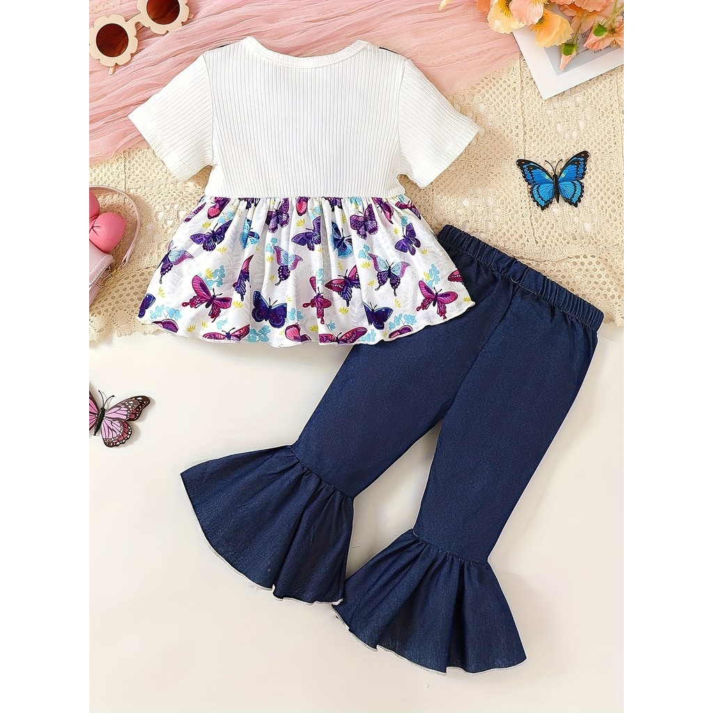 【0-3Years】 Baby Girl 2-Piece Set | Butterfly Print Peplum Top + Denim-Look Flare Pants - Cute Casual Outfit