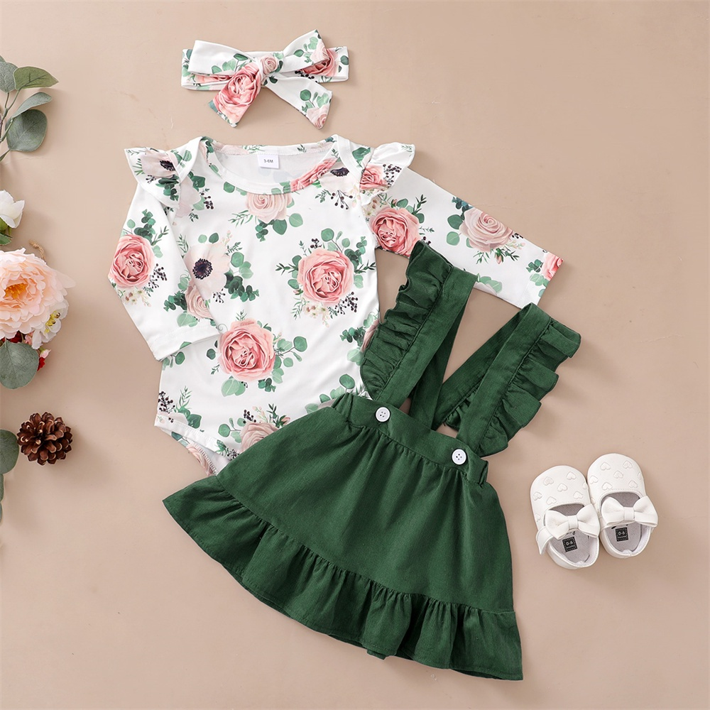 【1-9M】 3PCS Baby Girl Outfit: Floral Print Ruffle-Sleeve Bodysuit + Green Ruffle Suspender Skirt + Matching Headband – Spring & Autumn Daily Set