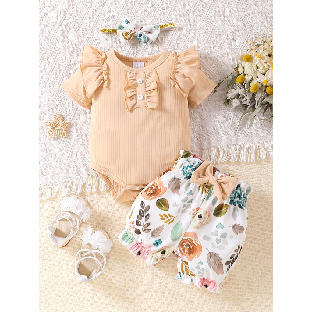 3PCS  Baby Girl Fashion Short Sleeved Solid Ribbed Bodysuit with Floral Shrots Free Headwear Cute for Newborn Baby Clothes Set