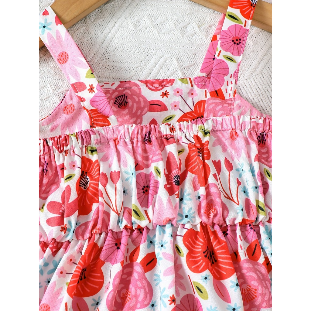 【3M-3Y】 Resort-Ready 2-Piece Set for Baby Girls: Allover Floral Spaghetti Strap A-Line Dress + Matching Sun Hat – Vacation-Chic Style