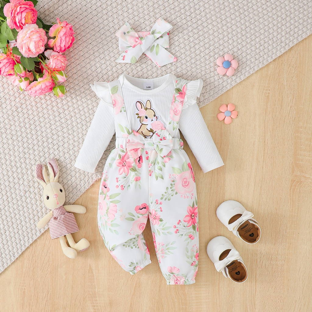 Cartoon rabbit white long sleeved hoodie+pink floral overalls set baby jumpsuit 1-24 months baby outdoor wear with same headband included