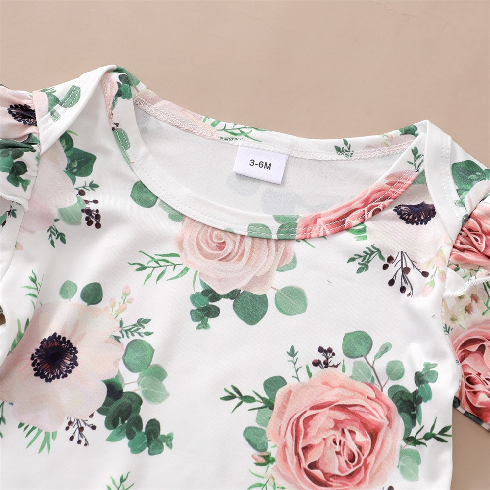 【1-9M】 3PCS Baby Girl Outfit: Floral Print Ruffle-Sleeve Bodysuit + Green Ruffle Suspender Skirt + Matching Headband – Spring & Autumn Daily Set