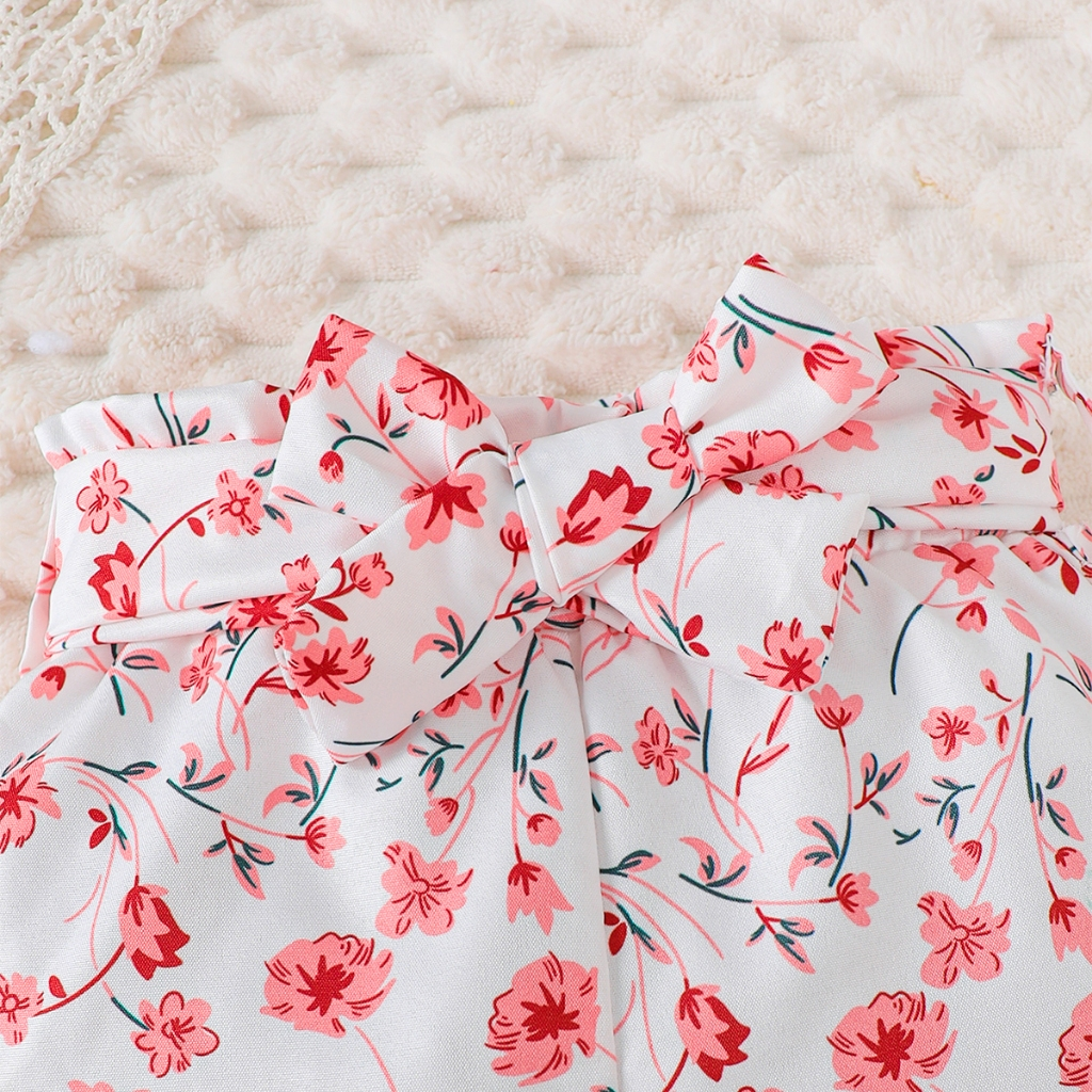 【0-18 Months】 2-Piece Baby Girl Bunny Embroidery Flutter Sleeve Romper + Floral Print Pants - Cute Casual Outfit Set
