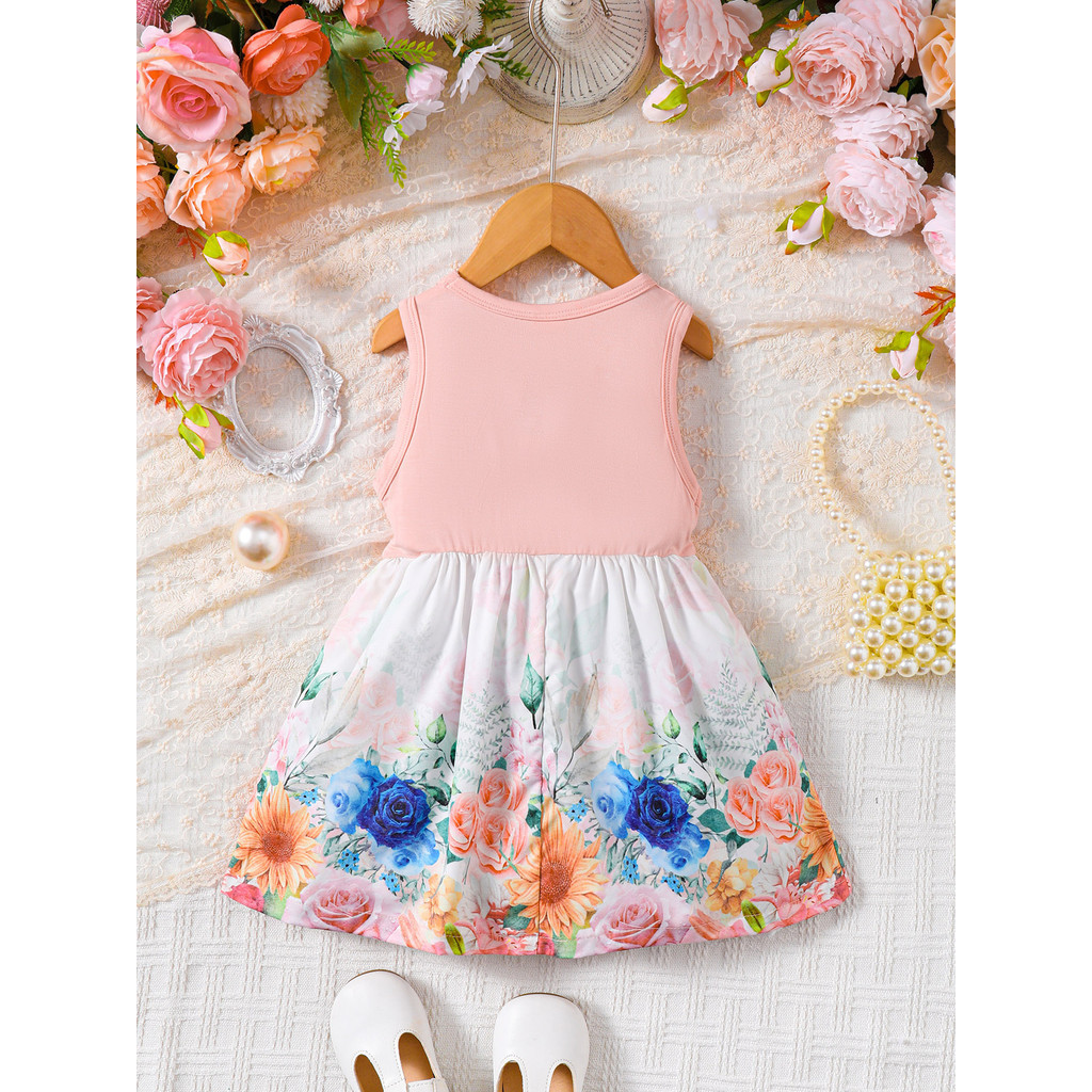 Dress for 0-3Years Toddlers Girl Pink Sleeveless Floral Pattern Patchwork with Plain Pink Color Top Summer Outdoor Photography Casual Wear