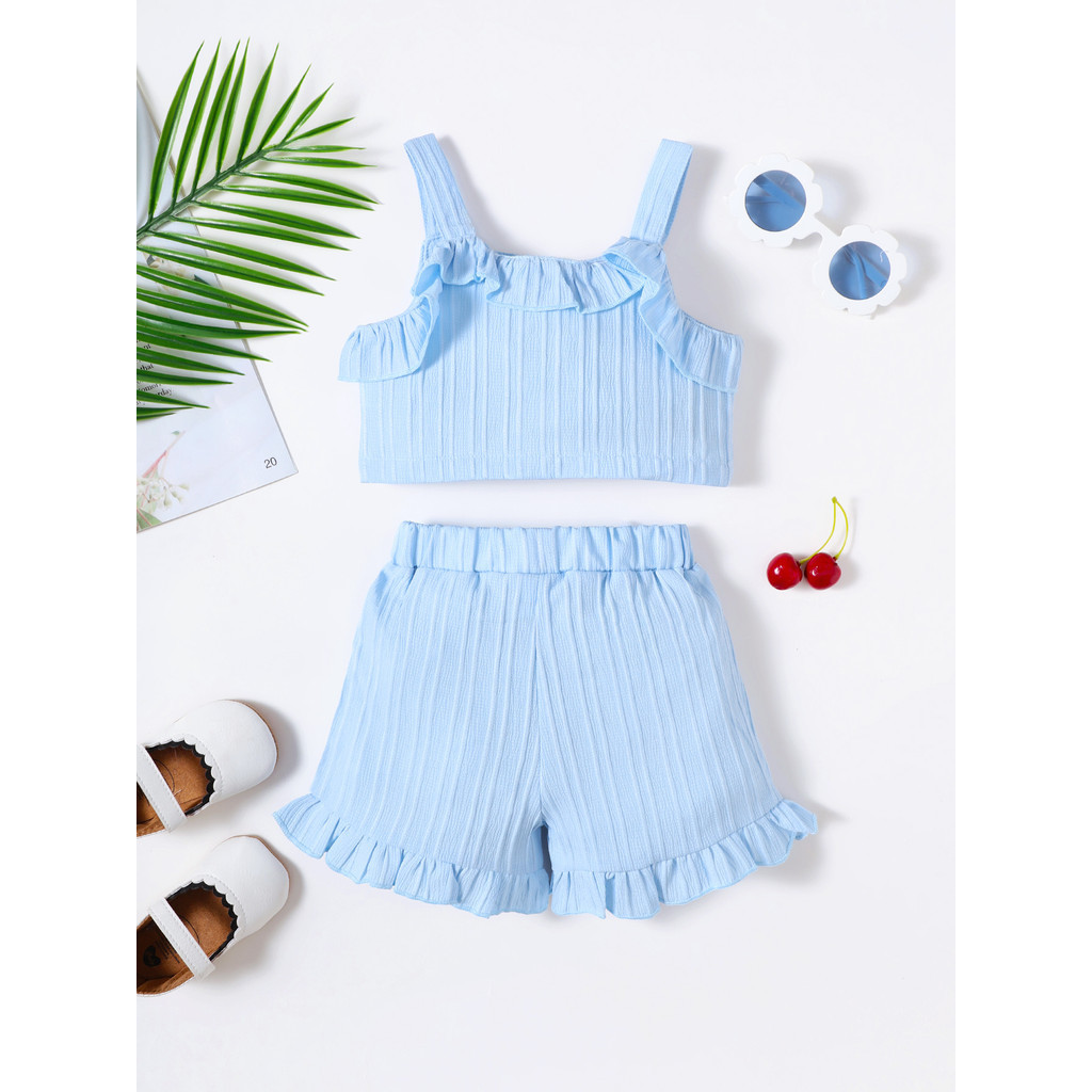 【3-24M】 2PCS Baby Girl Summer Outfit: Light Blue Ribbed Cami Top with Ruffle Trim & Faux Buttons + Matching Ruffle Shorts – Cute Casual Holiday Set