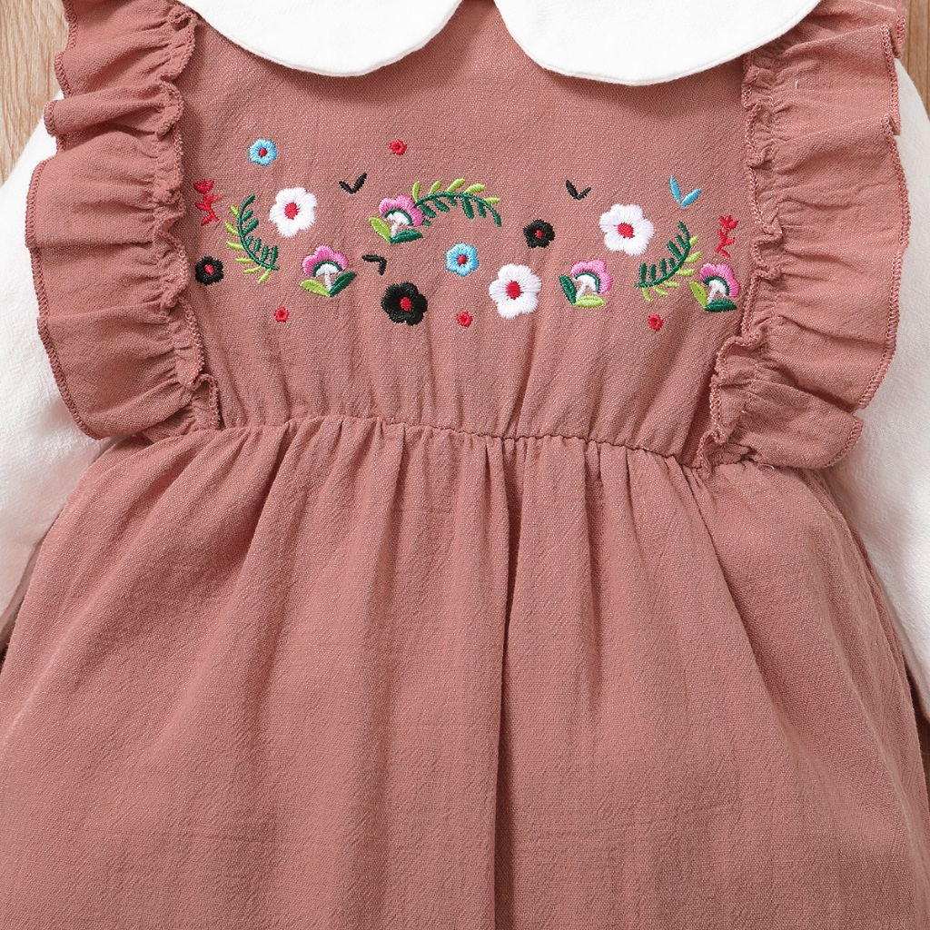 【 0-18 months 】 Baby doll collar embroidered fake two-piece jumpsuit | Pink long sleeved shirt | Sweet princess style crawling suit | Spring and Autumn baby jumpsuit