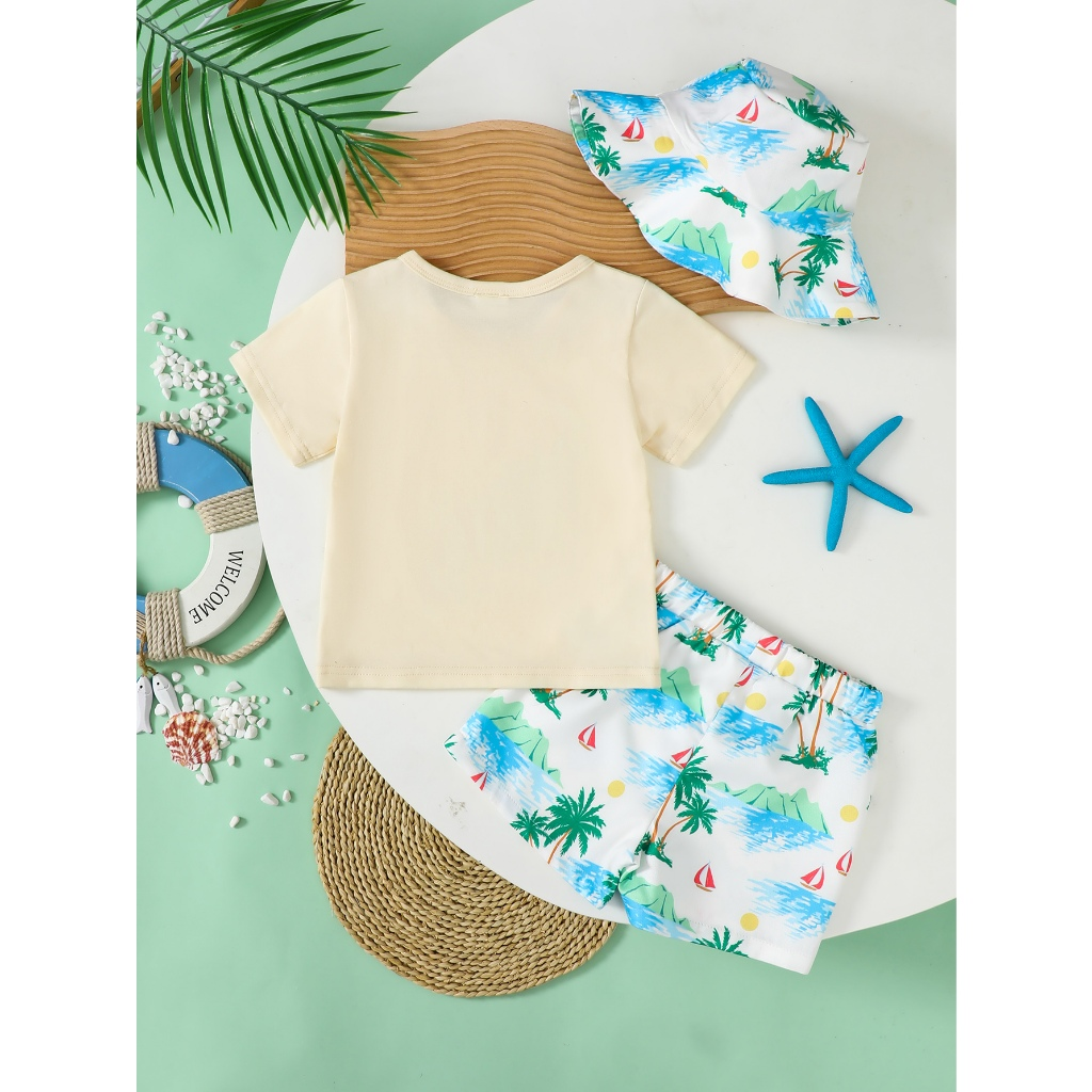 【 June -3 years old 】 Hawaiian vacation set for boys | khaki short sleeved T-shirt+blue floral shorts+matching printed hat | Summer island style baby set