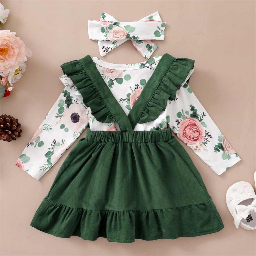 【1-9M】 3PCS Baby Girl Outfit: Floral Print Ruffle-Sleeve Bodysuit + Green Ruffle Suspender Skirt + Matching Headband – Spring & Autumn Daily Set