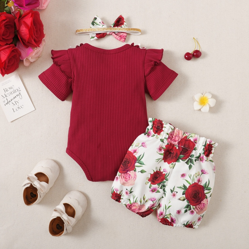 【1-18M】 3PCS Baby Girl Summer Outfit: Ribbed Red Ruffle-Sleeve Bodysuit + Floral Shorts with Bow + Matching Headband – Cute Infant Girl Clothing Set