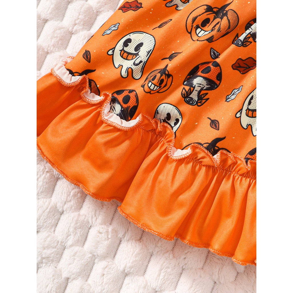 0-3 Years Infant Baby Girl Halloween Sleeveless Pumpkin Print Sling Dress with Headband Holiday Stylep Halloween Costume