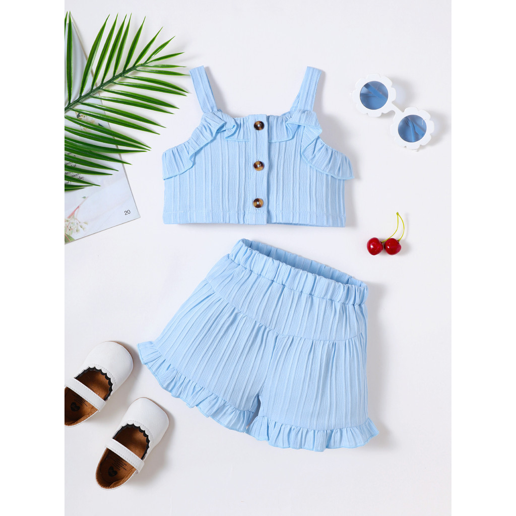 【3-24M】 2PCS Baby Girl Summer Outfit: Light Blue Ribbed Cami Top with Ruffle Trim & Faux Buttons + Matching Ruffle Shorts – Cute Casual Holiday Set