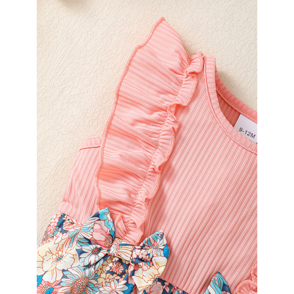 1-12Months Newborn Baby Girl 2pcs Clothing Set Sleeveless Ruffle Floral Romper with Hat Fashion Cute Style Daily Outfit