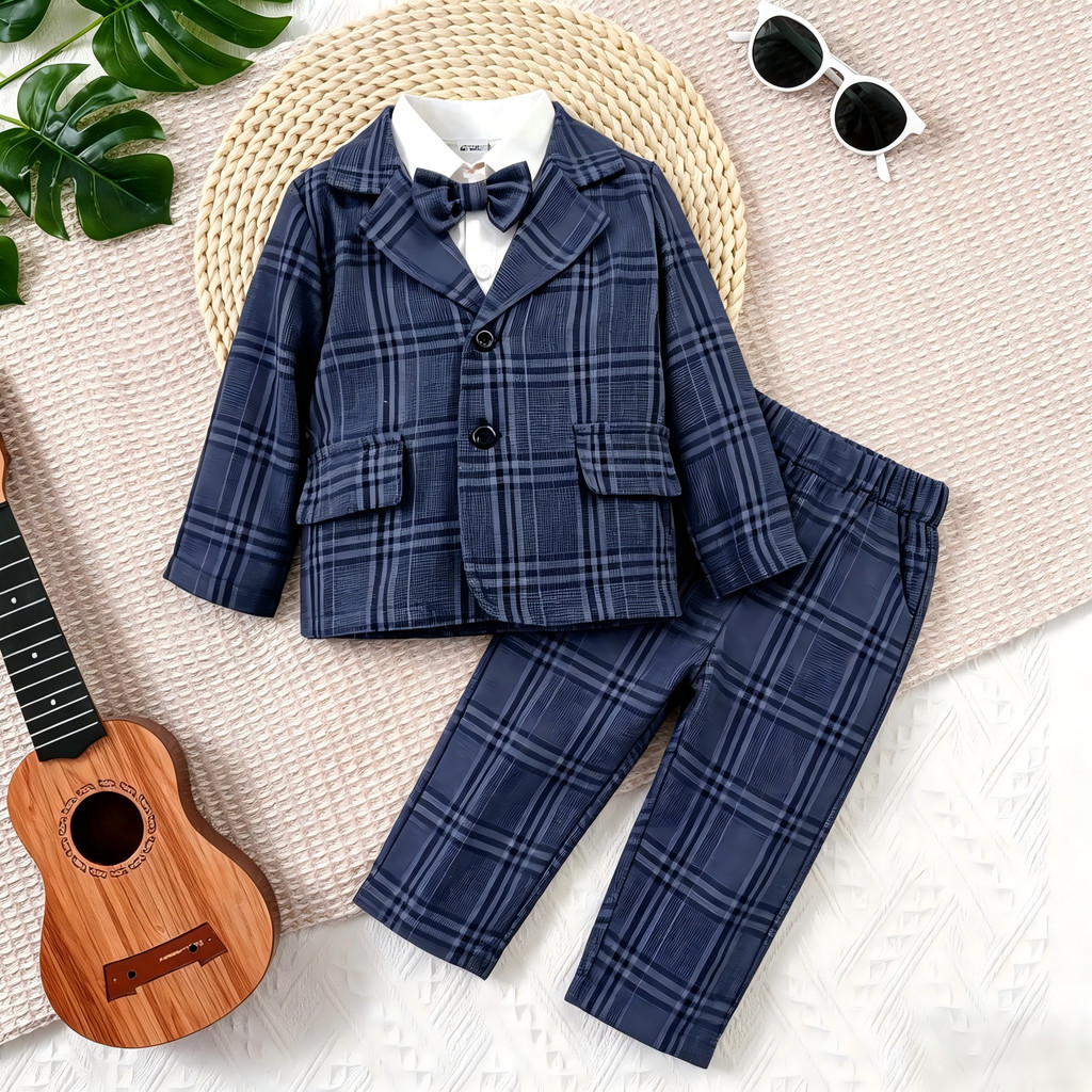 Catpapa boy | Baby Boy 3-18Months Plaid Formal Suit Set, Infant Gentleman Blazer + Pants + Bow Tie Outfit for Wedding Baptism Party | Boys clothes fashions | BabyClothing