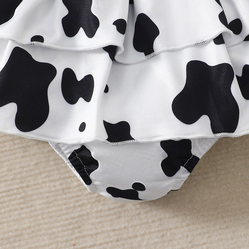 【0-18 Months】 Baby Girl Cow Print Skirt Romper Set | Pink Top + 2-Layer Ruffle Tutu with Matching Bow Headband | Cute Birthday Outfit
