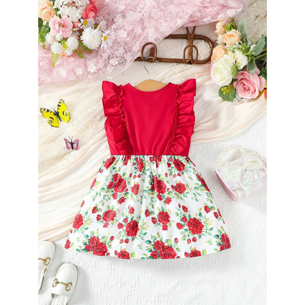 1-8 Years Child Girl Ruffle Sleeveless Floral Bow Dress with Solid Fly Sleeves Tops Princess Dress for Kid Girl  Fashion Casual Wear Bitrthday Party Outfit
