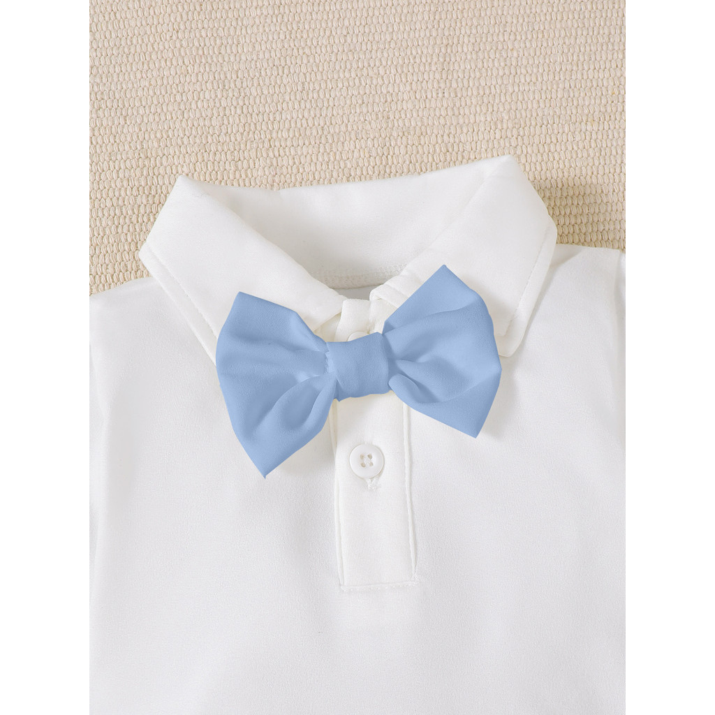 【 1-18 months 】 Boys' Blue & White Gentleman 2PCS Outfit | Long-Sleeve Bodysuit + Suspender Pants with Bow Tie | Baby First Birthday Outfit | Fashionable Formal & Versatile Wear