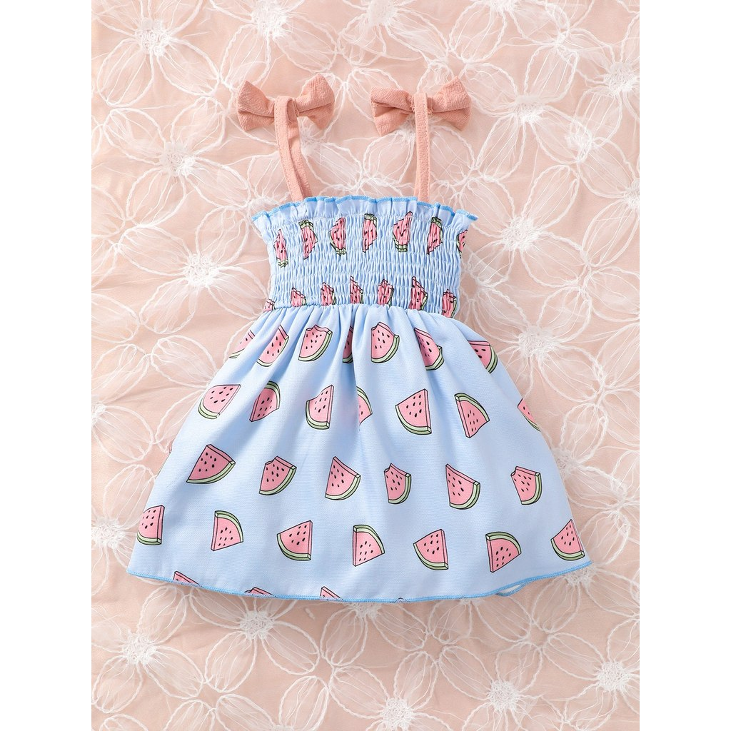 Baby Girls Watermelon Print Cami Dress for 6M-3Yrs, Cotton Sundress with Bow Straps, Cute Casual Outfit for Summer