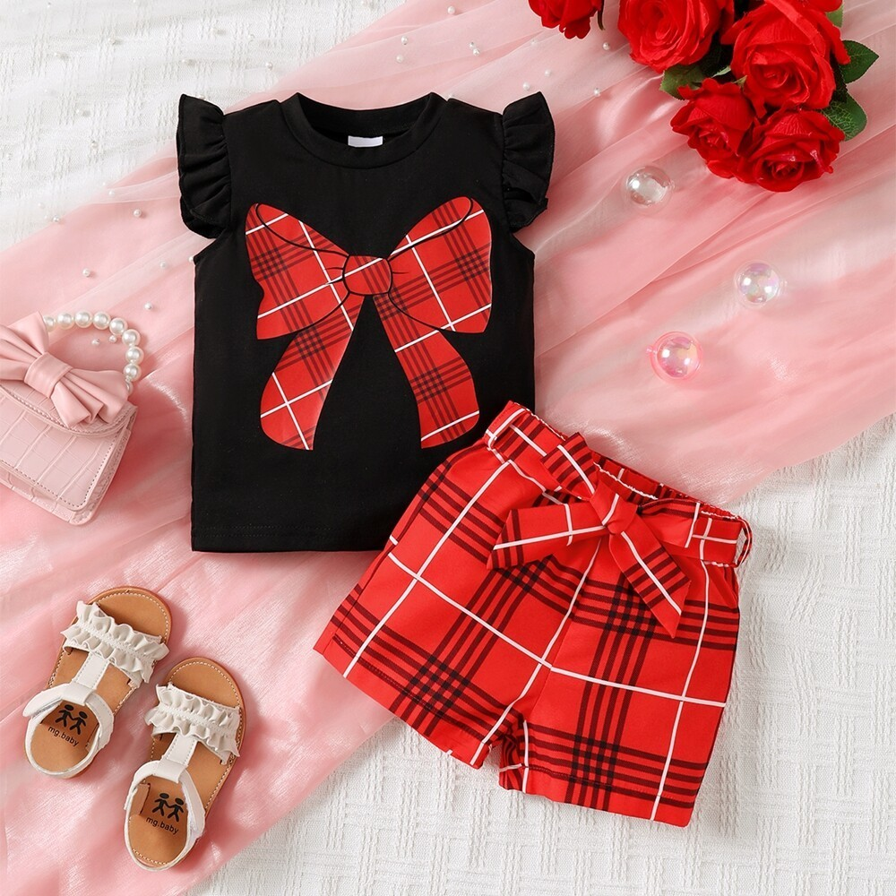 3-24 Months Toddlers Baby Girl 2PCS  Suit Set Short Sleeved Black Fly Sleeve Plaid Bow Print Shirt with Shorts Fashion  for Kid Girl Casual Costumes