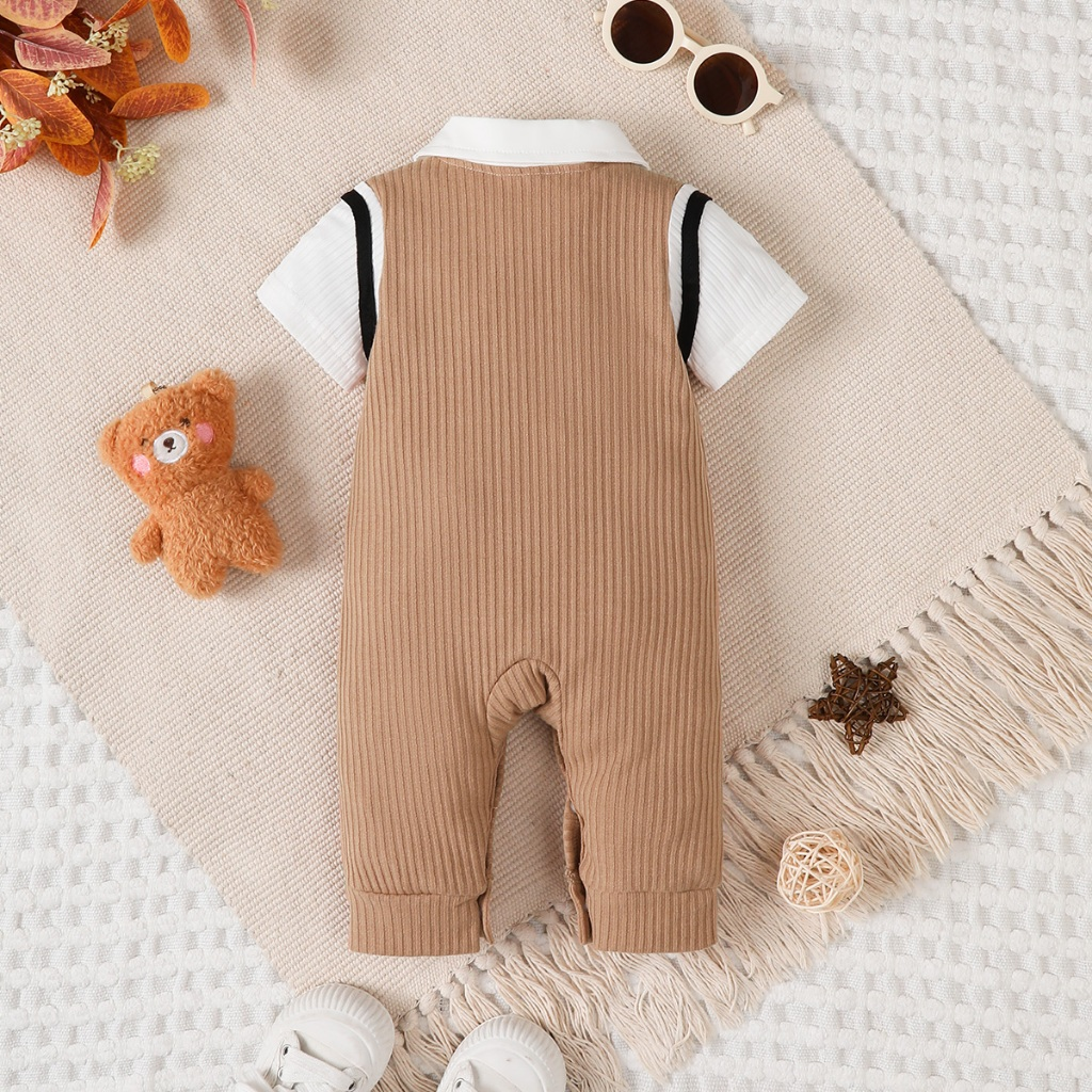 【1-18M】 Boys' Gentleman Style Jumpsuit: Ribbed Romper with Collar, Fake Tie & Bear Embroidery – Newborn Full Moon Banquet Outfit