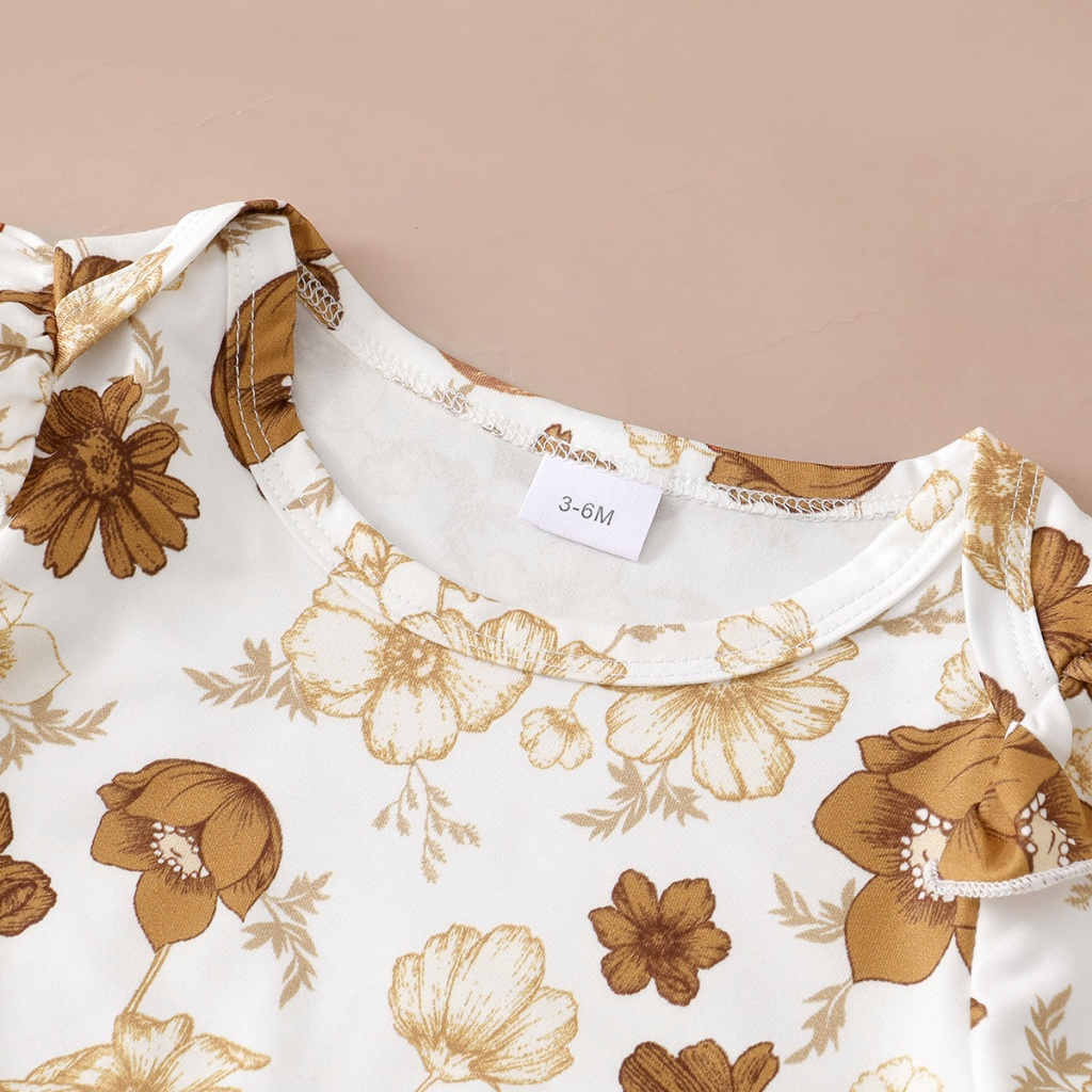 【0-12Months】 3pcs Baby Girl Brown Floral Set: Long-Sleeve Bodysuit + Deep Brown Ruffle Strap Skirt + Matching Bow Headband – Sweet Forest Autumn Outfit