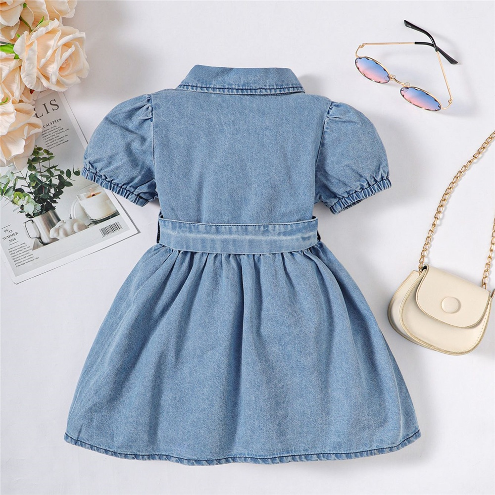 【 6 months -3 years old 】Girl's Puff Sleeve Denim Shirt Dress | Summer Baby Princess Dress | Sweet Bow Waist Design | Casual Button-Down Sundress | Breathable and Comfortable