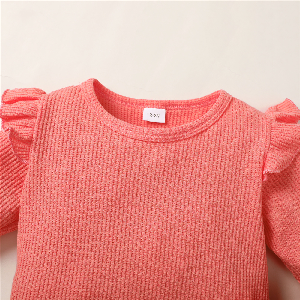 1-6 Years Girls' Sweet Coral Orange Outfit with Ruffled Sleeves & Floral Print Pants, Bowknot Waist, Comfortable Two-Piece Set for Daily Wear & Outdoor Play