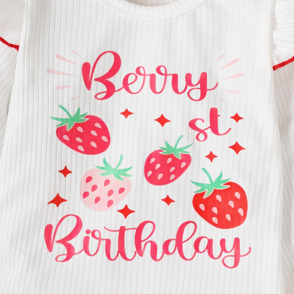 【6M-3Y】 Strawberry Print 2-Piece Set for Baby Girls: Ribbed Ruffle Top with "Berry 1st Birthday" Lettering + White Flare Pants with Bows – Sweet Autumn Outfit