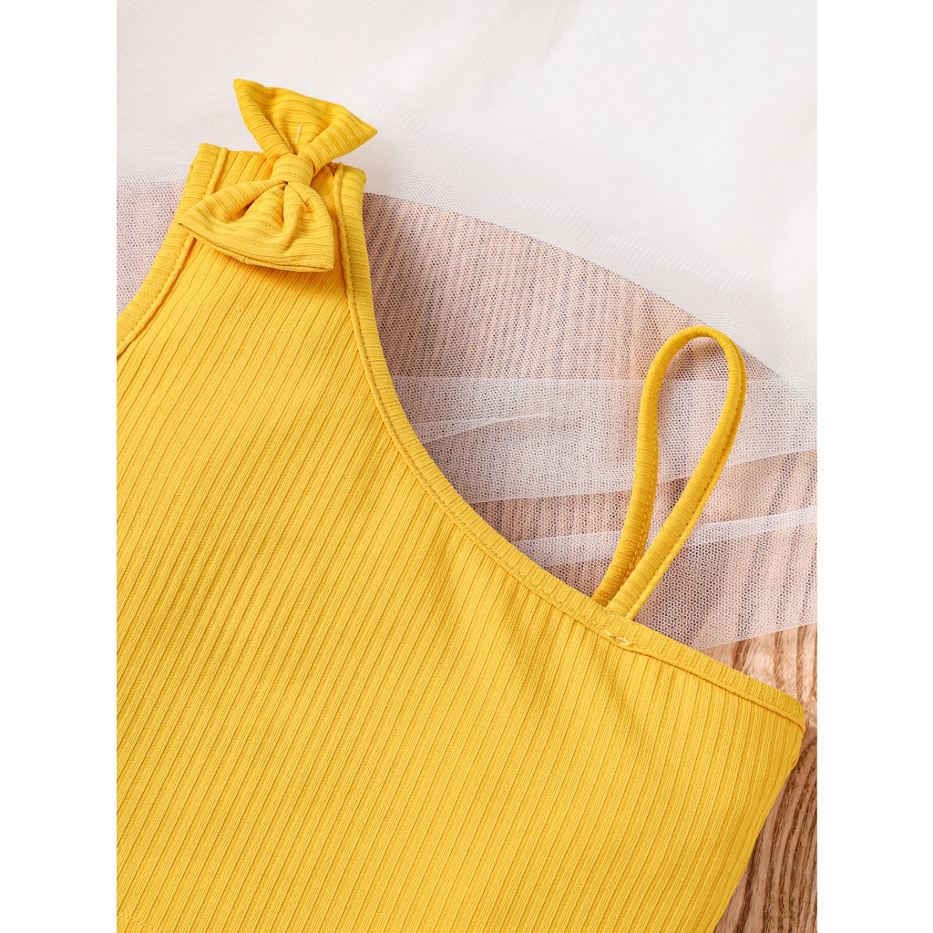 【 1-8Y 】Girls' Summer Two-Piece Outfit | Bow One-Shoulder Ribbed Cami & Floral Shorts | Sweet Casual Wear for Kids | Breathable & Lightweight Summer Set