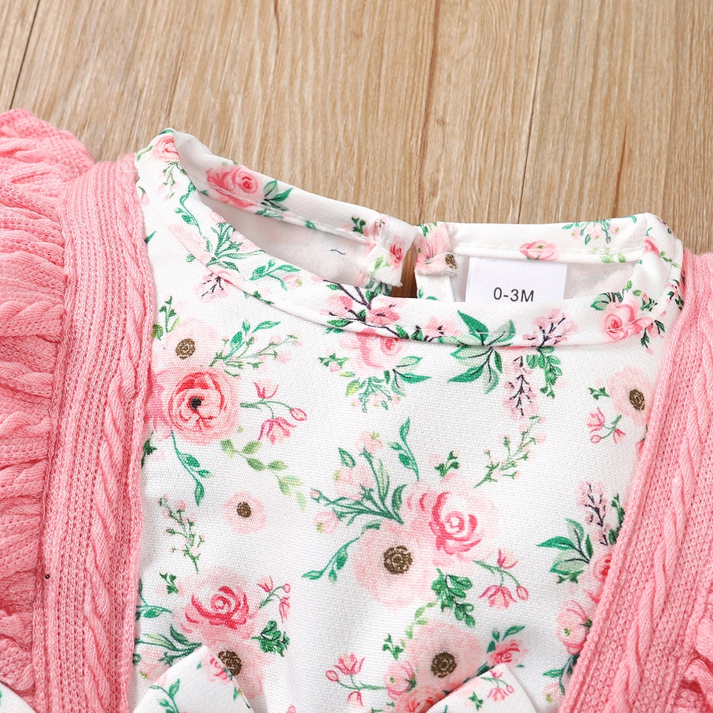 Baby girl 2 pcs set for 0-18 months, featuring a long-sleeve floral pink romper with ruffle details and a headpiece, stylish and cute romper.