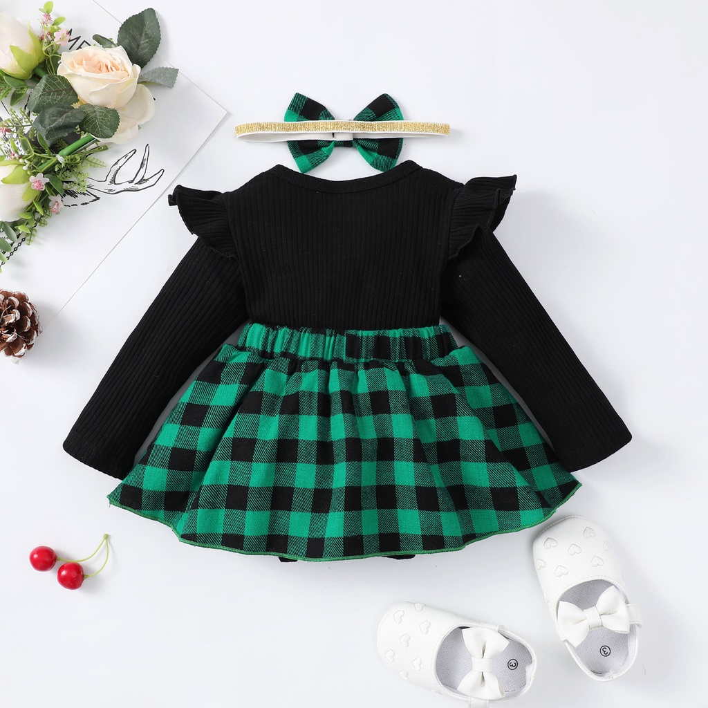【 0-18 Months 】Baby Girl 2PCS Christmas Plaid Romper Dress Set | Long Sleeve Ribbed Top with Red & Black Check Skirt & Bow Headband | Sweet Holiday Outfit for Infants