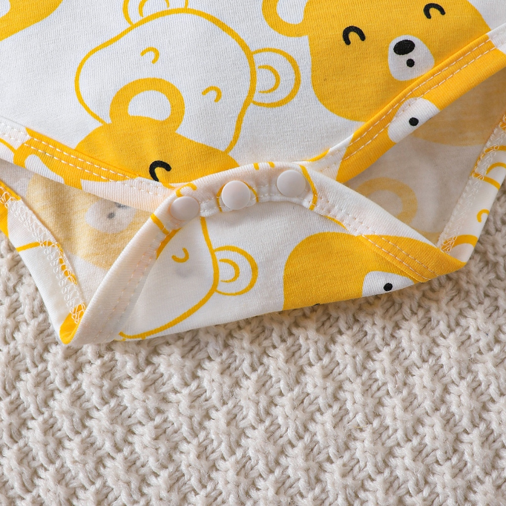 【1-9M】 Yellow Bear Print 4-Piece Baby Outfit: Long-Sleeve Romper + Solid Pants + Bear Ear Hat + Booties – Cozy Newborn Layette Set