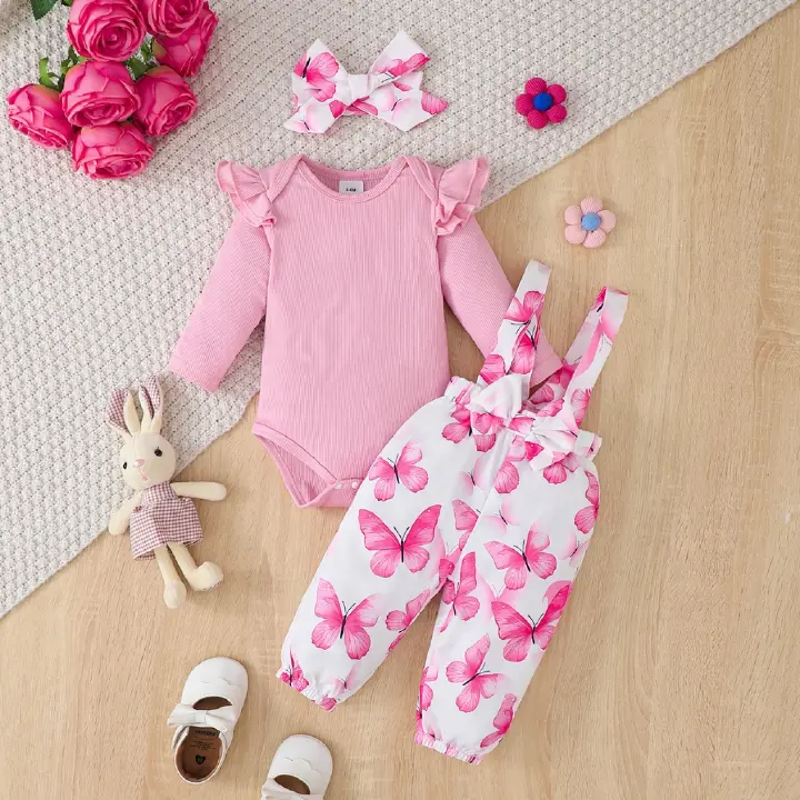Girl's pink long sleeved hoodie+butterfly printed overalls set baby jumpsuit 0-24 months with headband for fashionable outdoor wear