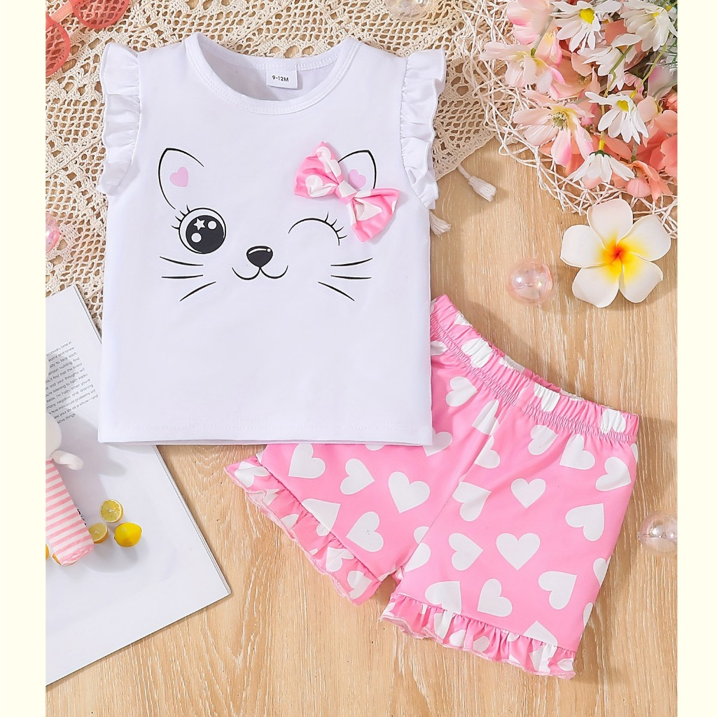 【 June to 3 years old 】 Girls' summer outfit set | White cat sleeveless top+pink heart-shaped polka dot shorts | Baby casual sports set | Sweet and cute baby clothes