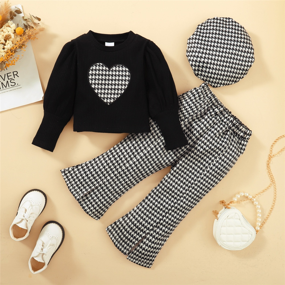 1-6Year Kids Baby Girl Korean Style Clothes Set Love Heart Print Long Sleeve Top + Plaid Pants with Hat Fashion 3PCS Outfit
