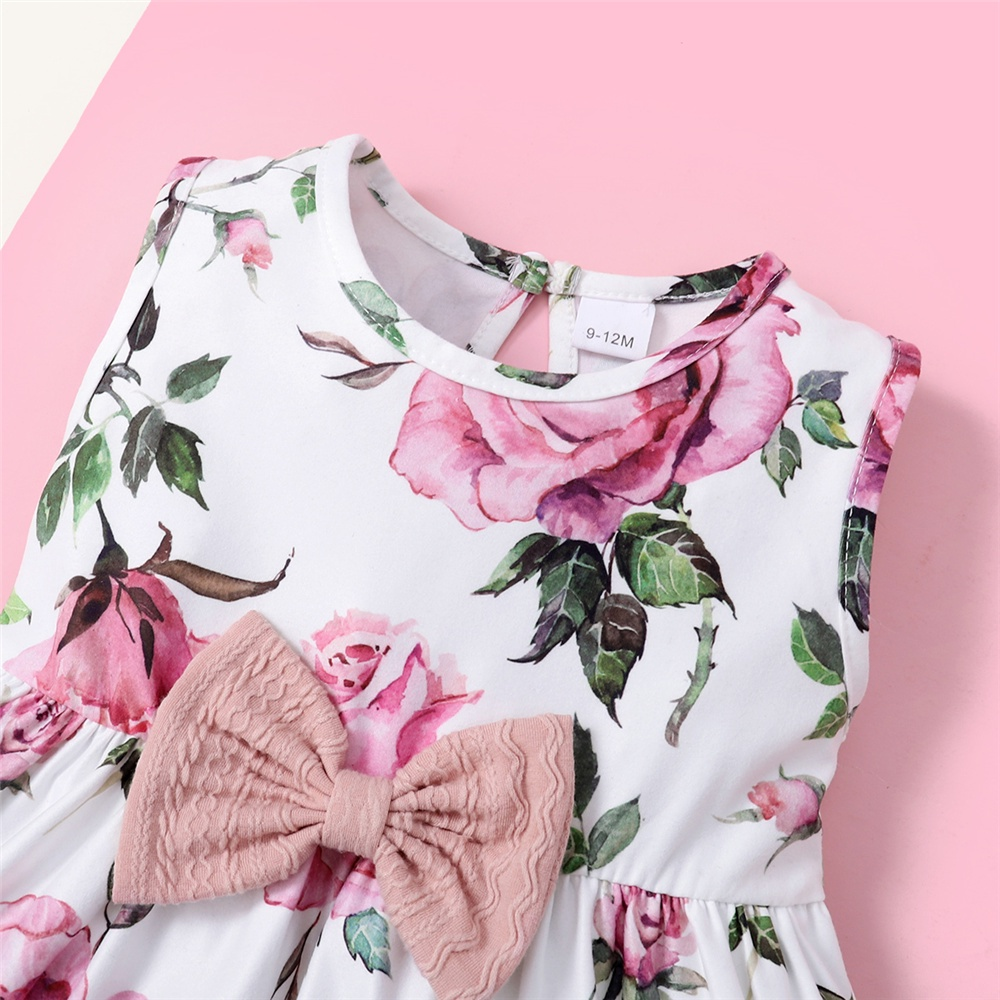 【9M-3Y】 2PCS Baby Girl Outfit: Pink Quilted Cardigan + Floral Sleeveless Dress with Bow Detail – Gentle Spring & Autumn Daily Party Set