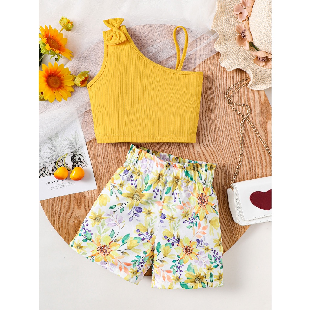 【 1-8Y 】Girls' Summer Two-Piece Outfit | Bow One-Shoulder Ribbed Cami & Floral Shorts | Sweet Casual Wear for Kids | Breathable & Lightweight Summer Set