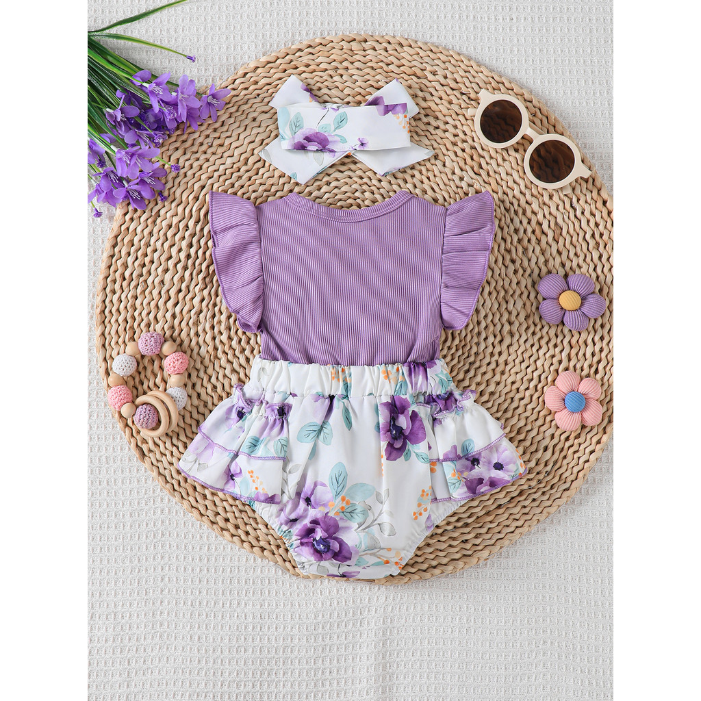 Catpapa gir l【1-18Months】 2PCS Floral Bow Flutter Sleeve Bodysuit + Matching Headband - Summer Comfortable Outfit for Baby Girls  l Baby girls clothes sets outfits l BabyClothing