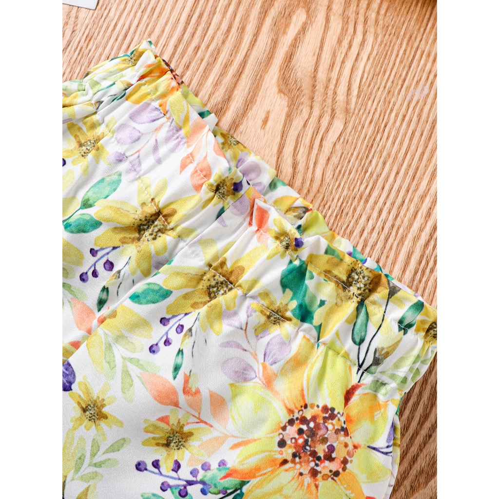 【 1-8Y 】Girls' Summer Two-Piece Outfit | Bow One-Shoulder Ribbed Cami & Floral Shorts | Sweet Casual Wear for Kids | Breathable & Lightweight Summer Set