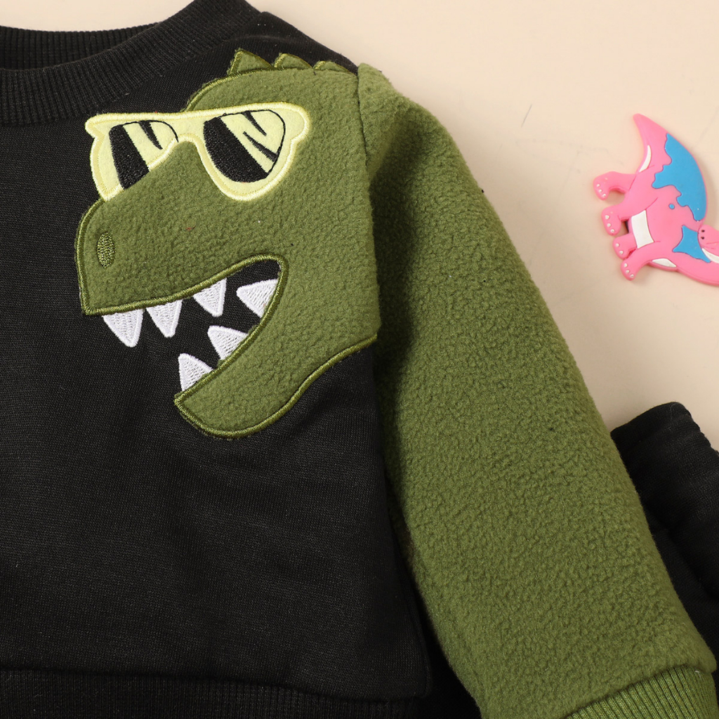 【3-24M】 2PCS Baby Boy Outfit: Dinosaur Patch Sweatshirt with Color-Block Fleece Sleeves + Matching Jogger Pants with Side Fleece Panels – Cute Daily Fall/Winter Set