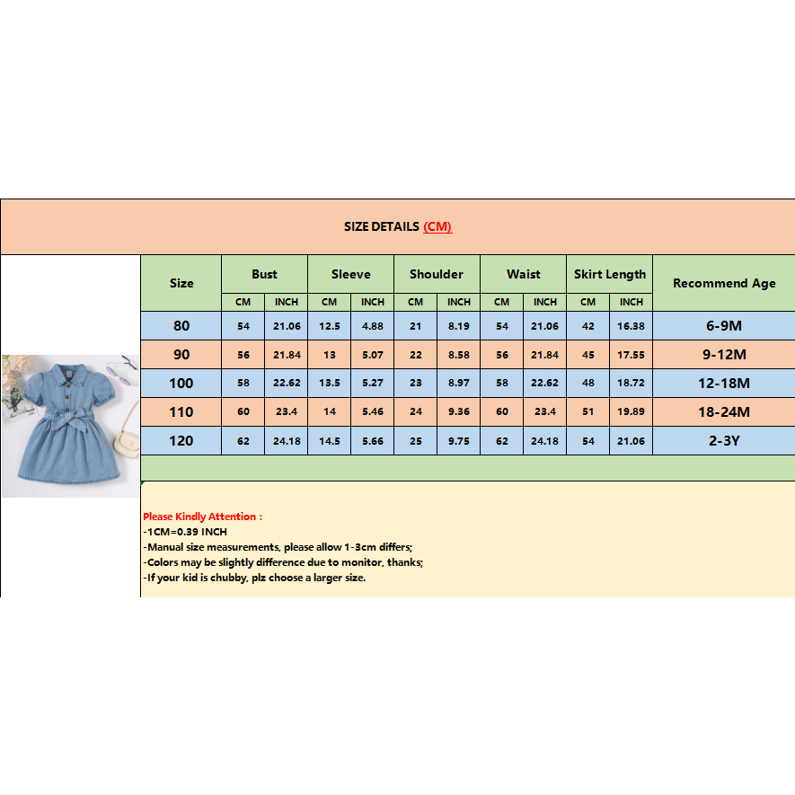 【 6 months -3 years old 】Girl's Puff Sleeve Denim Shirt Dress | Summer Baby Princess Dress | Sweet Bow Waist Design | Casual Button-Down Sundress | Breathable and Comfortable