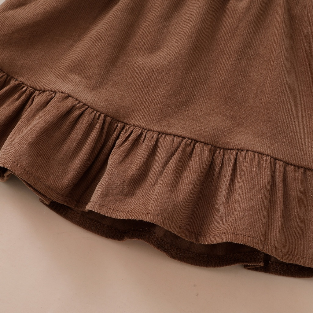 【0-12Months】 3pcs Baby Girl Brown Floral Set: Long-Sleeve Bodysuit + Deep Brown Ruffle Strap Skirt + Matching Bow Headband – Sweet Forest Autumn Outfit