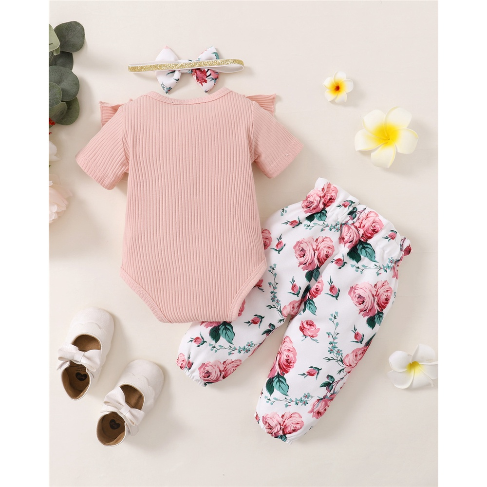 0-18 Months Newborn Baby Girl 3  Clothes  Set  Little Girl Short Sleeve Romper + Flowers Pant With Bowknot Headband Summer Outfit Holiday Style