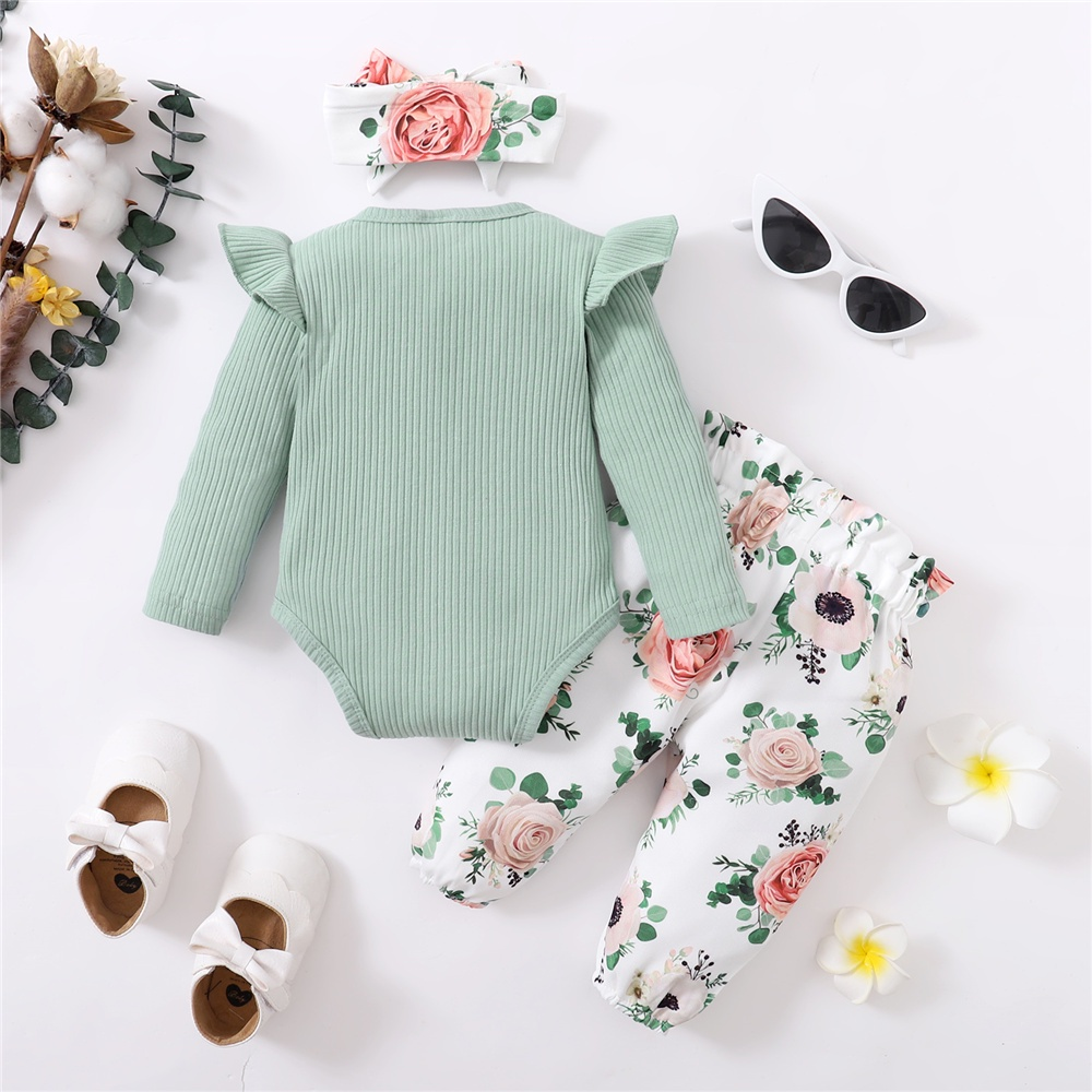 【 0-18 months 】Girl's 3PCS Floral Print Ribbed Outfit | Baby Ruffle Sleeve Romper Set | "I Got It From My Mama" Embroidery | Sweet Casual Trousers & Headband | Breathable Newborn Clothing