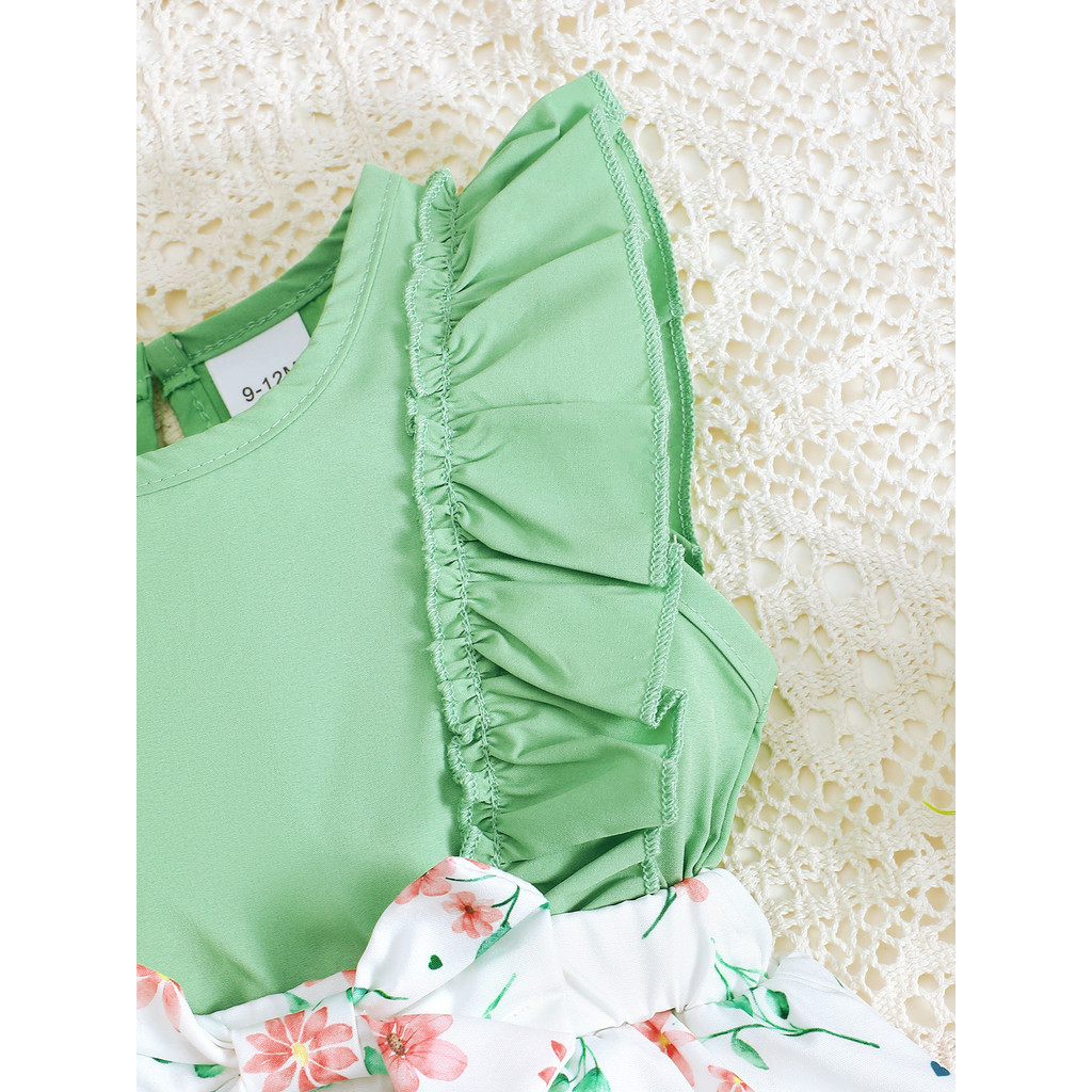 1-12Months Newborn Baby Bodysuit Set Sleeveless Ruffle Green Floral Skirt with Headwear Toddler Baby Girl Romper Fashion Cute Infant Baby Wear