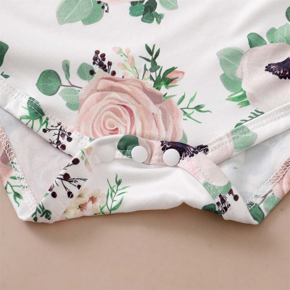【1-9M】 3PCS Baby Girl Outfit: Floral Print Ruffle-Sleeve Bodysuit + Green Ruffle Suspender Skirt + Matching Headband – Spring & Autumn Daily Set
