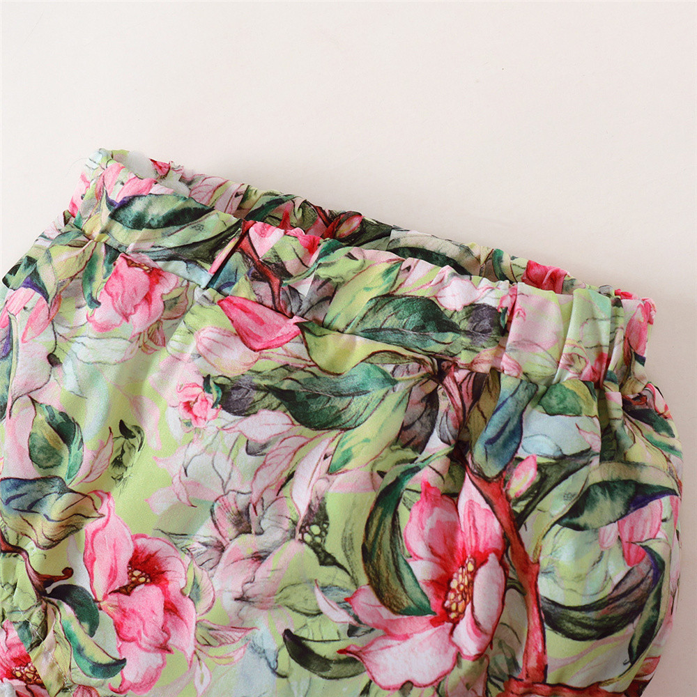 【3-24M】 3PCS Baby Girl Summer Outfit: Green Smocked Puff-Sleeve Top with Bow + Floral Print Bloomer Shorts + Matching Headband – Cute Pastoral Set