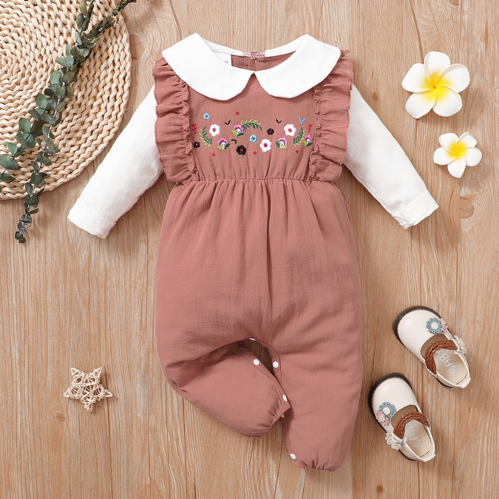 【 0-18 months 】 Baby doll collar embroidered fake two-piece jumpsuit | Pink long sleeved shirt | Sweet princess style crawling suit | Spring and Autumn baby jumpsuit