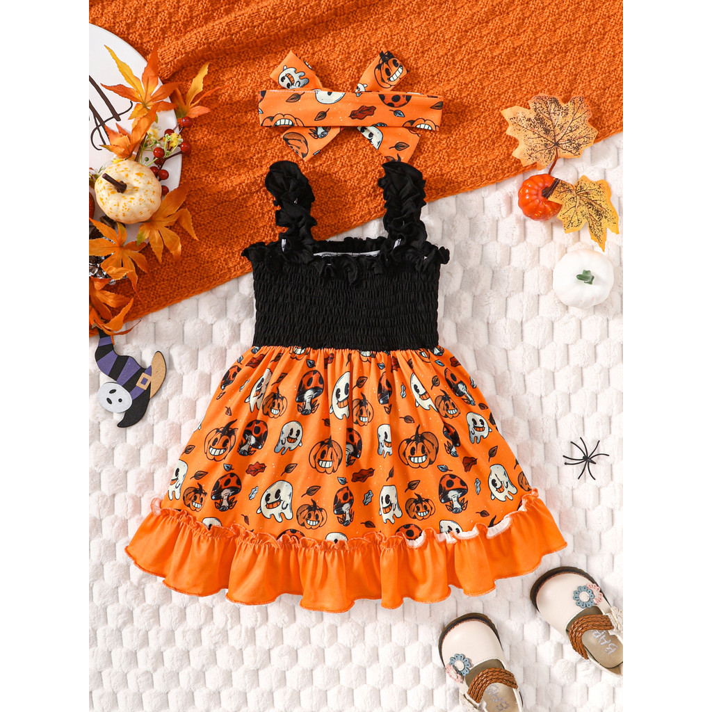 0-3 Years Infant Baby Girl Halloween Sleeveless Pumpkin Print Sling Dress with Headband Holiday Stylep Halloween Costume