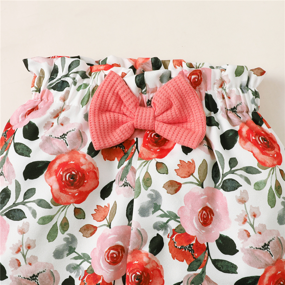 1-6 Years Girls' Sweet Coral Orange Outfit with Ruffled Sleeves & Floral Print Pants, Bowknot Waist, Comfortable Two-Piece Set for Daily Wear & Outdoor Play